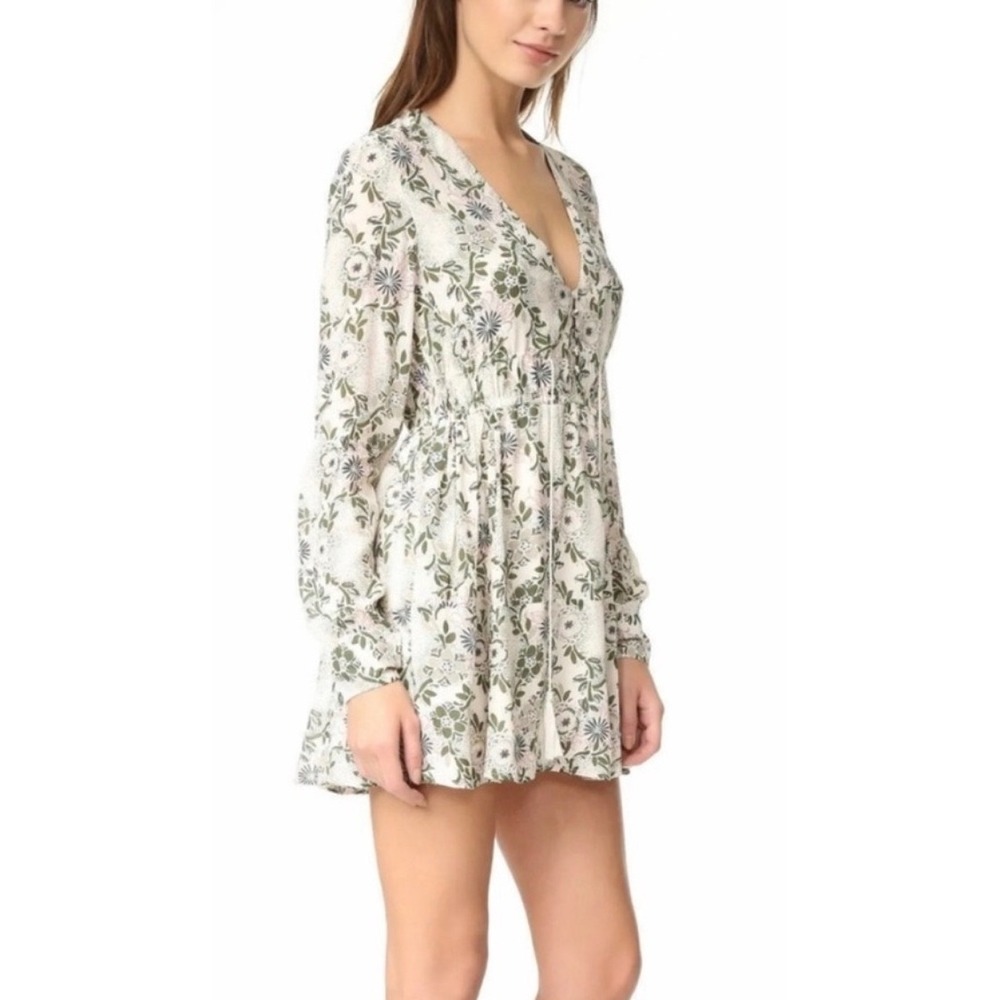 Free People Stealing Fire Floral V-Neck Mini Dress Cream Green Pink Womens Small